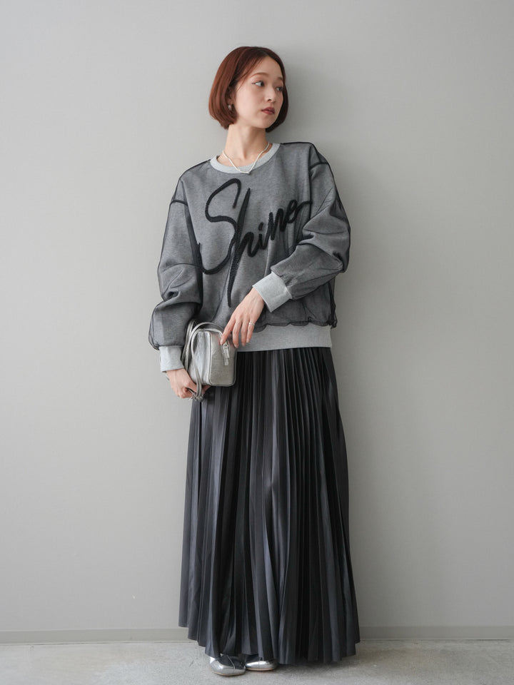 [SET]チュールレイヤードロゴスエットプルオーバー+サテンプリーツマキシスカート(2set)