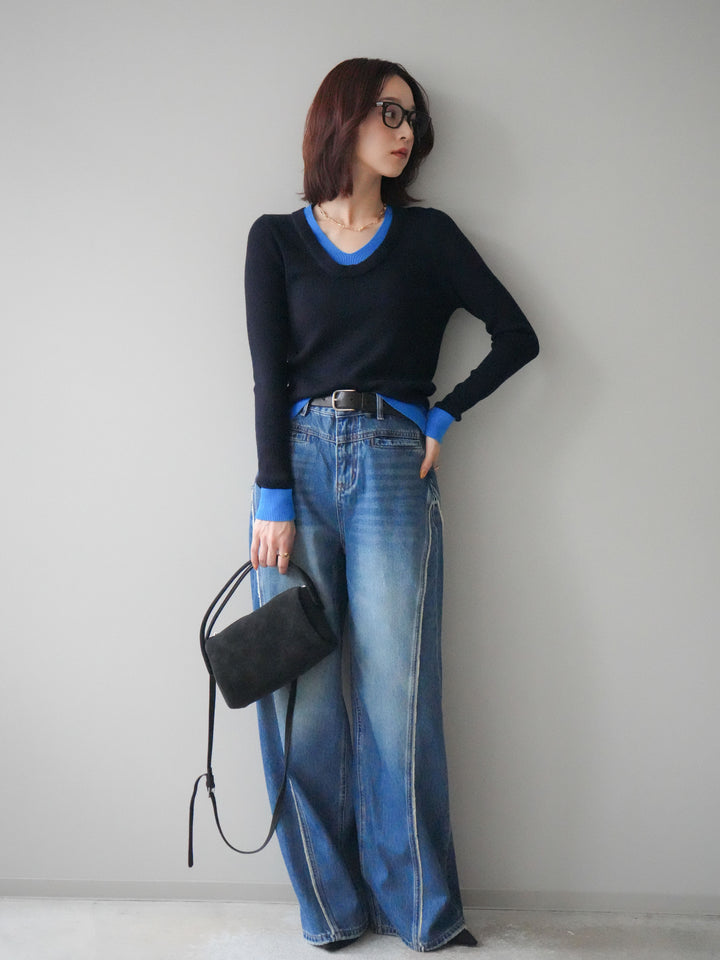 [SET]Uネック配色レイヤードリブニットトップス+サイドフリンジワイドデニムパンツ(2set)