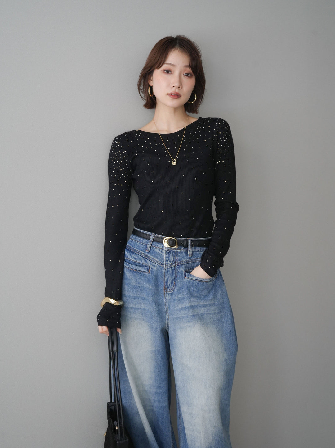 [SET]スパンコールシアーニットトップス+選べるアクセセット(2set)