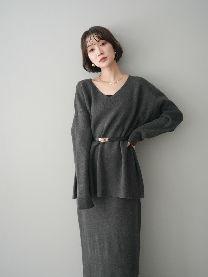 [SET]ベルト付Vネックニット＆スカートSET UP+選べるアクセセット(2set)