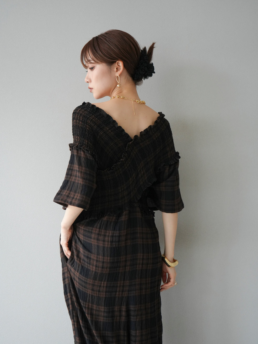 [予約]チェック柄ハーフスリーブシャーリングクロスサロペット/ブラウン