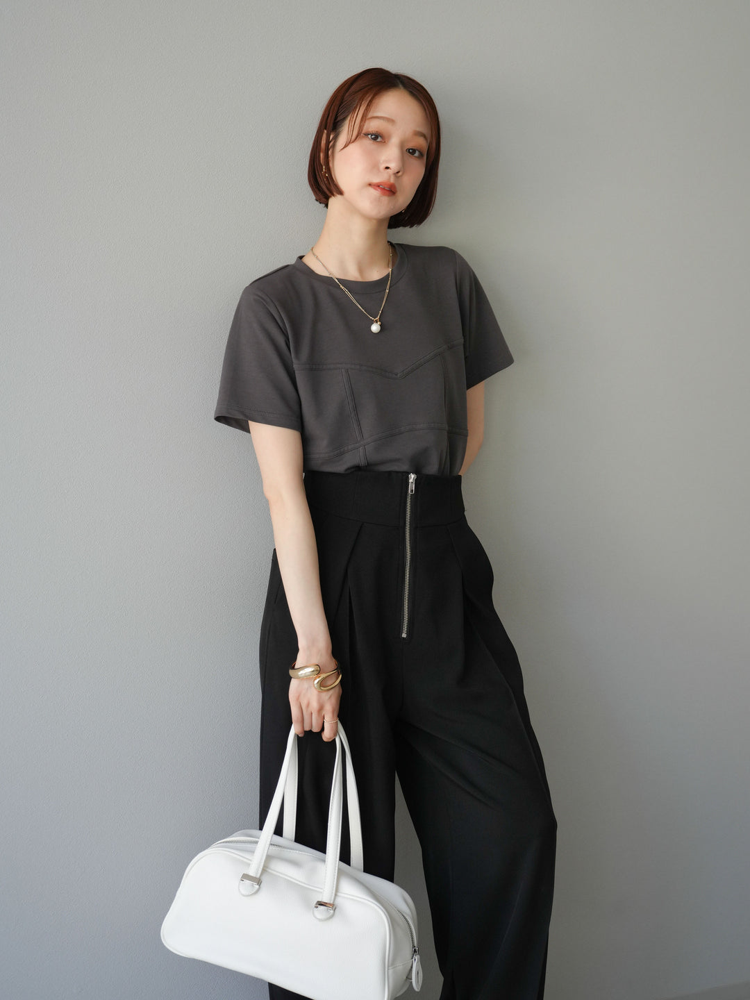 [SET]ビスチェデザインTシャツ+ジップタックワイドパンツ(2set)