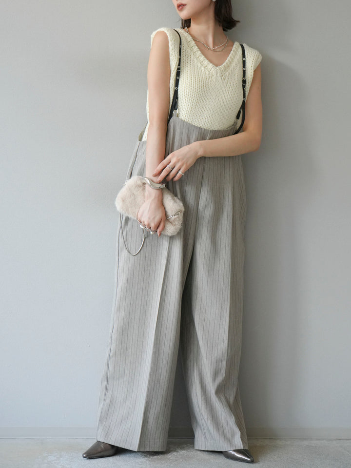 [予約]ヘリンボーンストライプサロペット/グレージュ