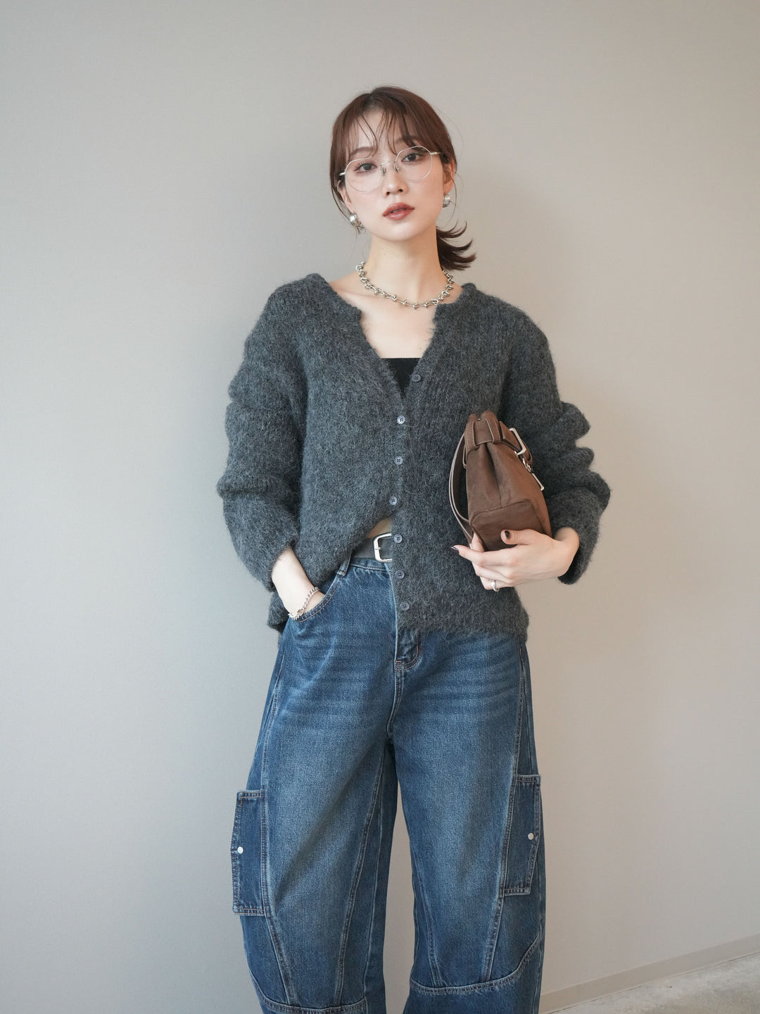 [予約]キーネックシャギーニットカーディガン/gray