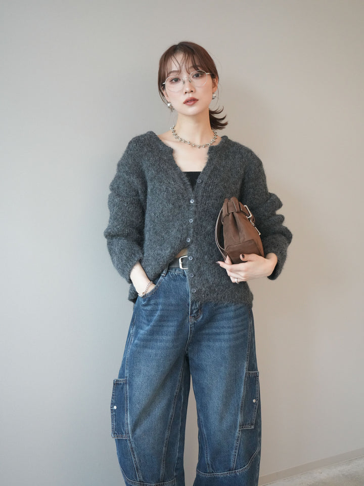 [予約]キーネックシャギーニットカーディガン/gray