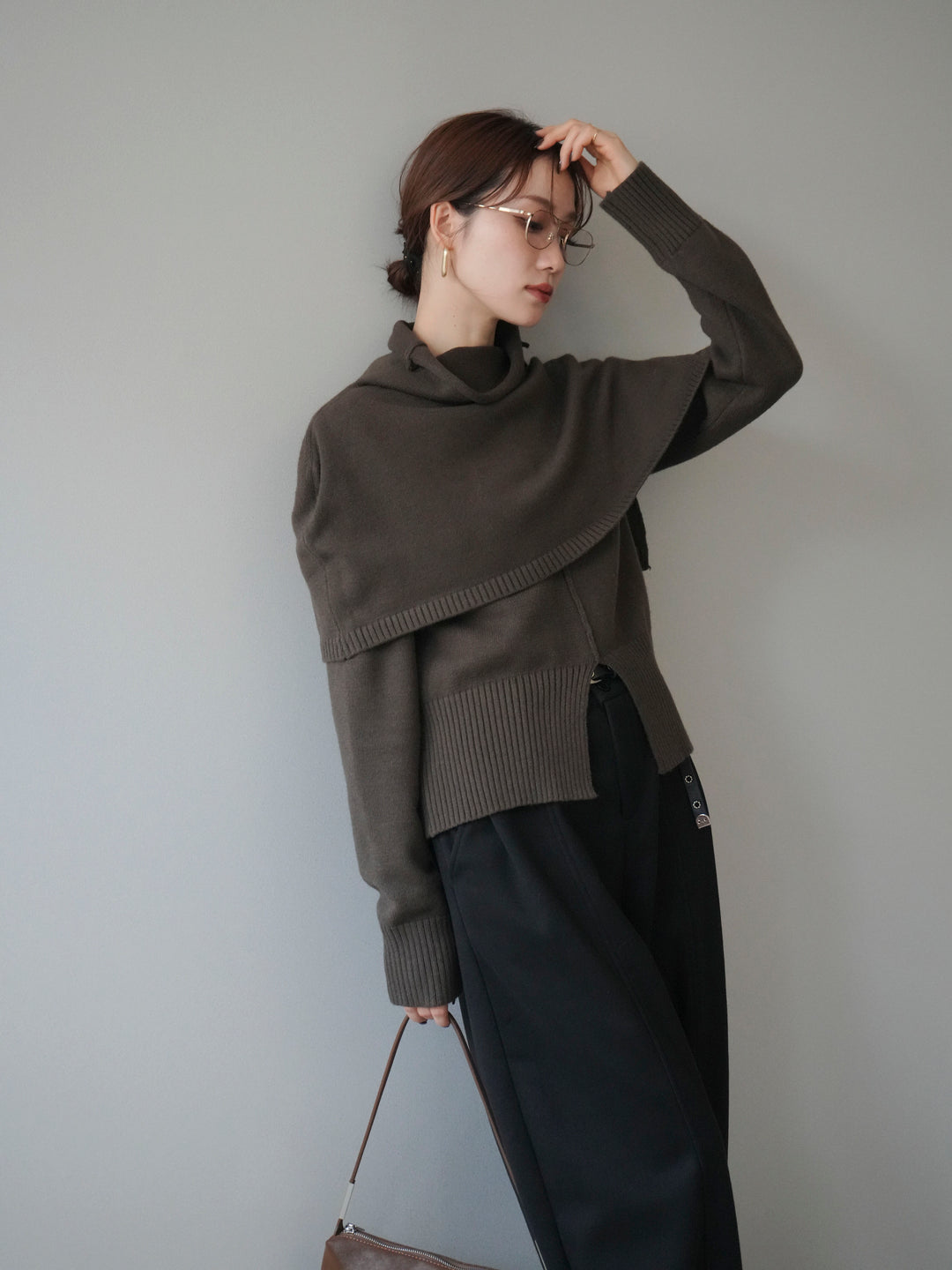 [予約]フロントスリットネックアンサンブルニット/khaki