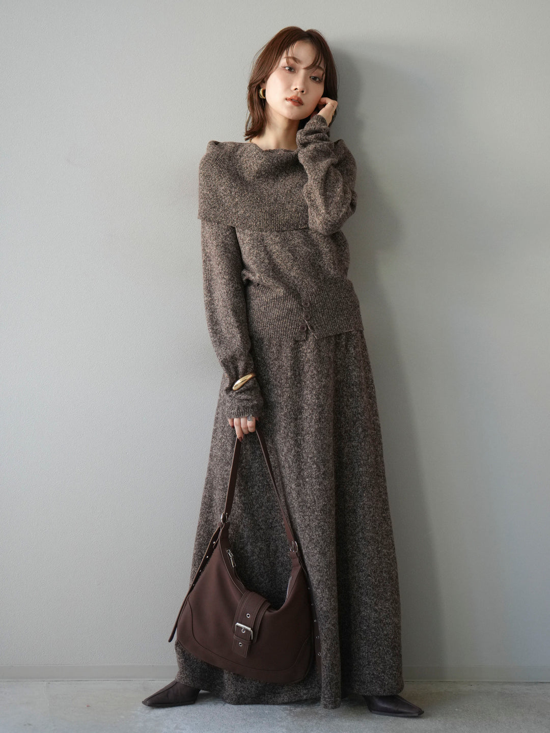 [予約]ミックスヤーンオフショルニットプルオーバー/ブラウン