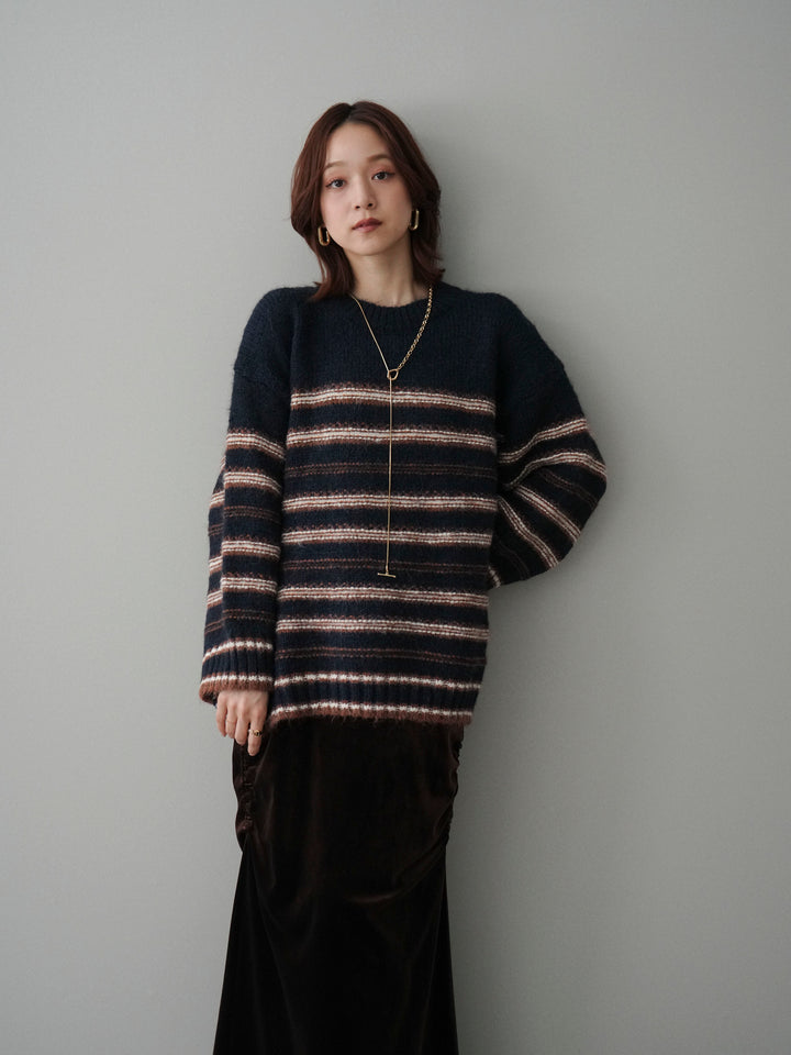 [SET]ステッチボーダーニットプルオーバー+ギャザーベロアスカート(2set)