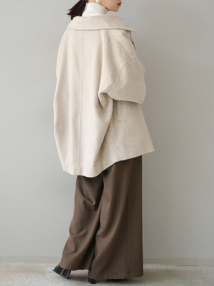 [SET]フェイクビーバーミドルコート+袖ボタンハイネックリブニットトップス+ベルト付ウールタッチワイドパンツL(3set)