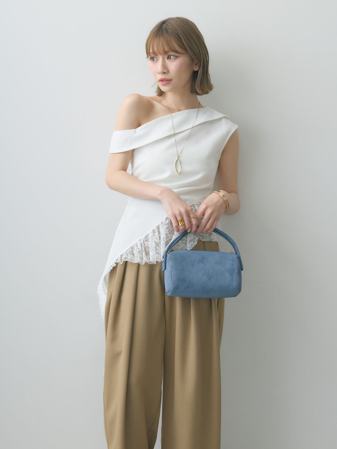 [SET]アシンメトリーラッフルレースヘムトップス+クレープデシンタックワイドパンツ(2set)