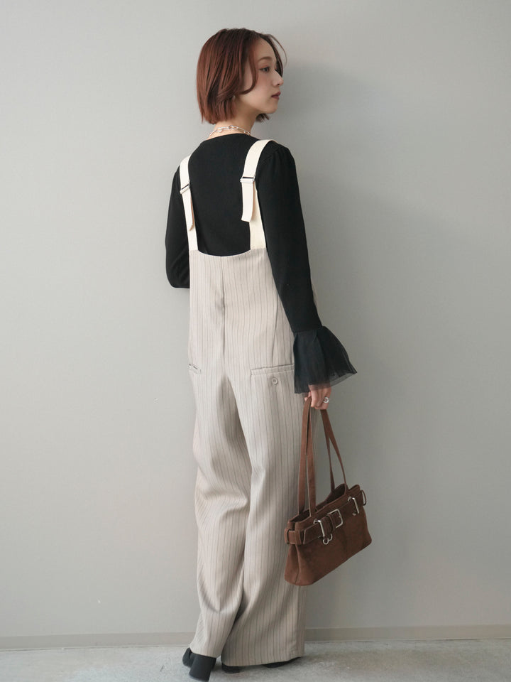 [SET]袖チュールパワショルリブニットトップス+グログランテープストライプサロペット(2set)