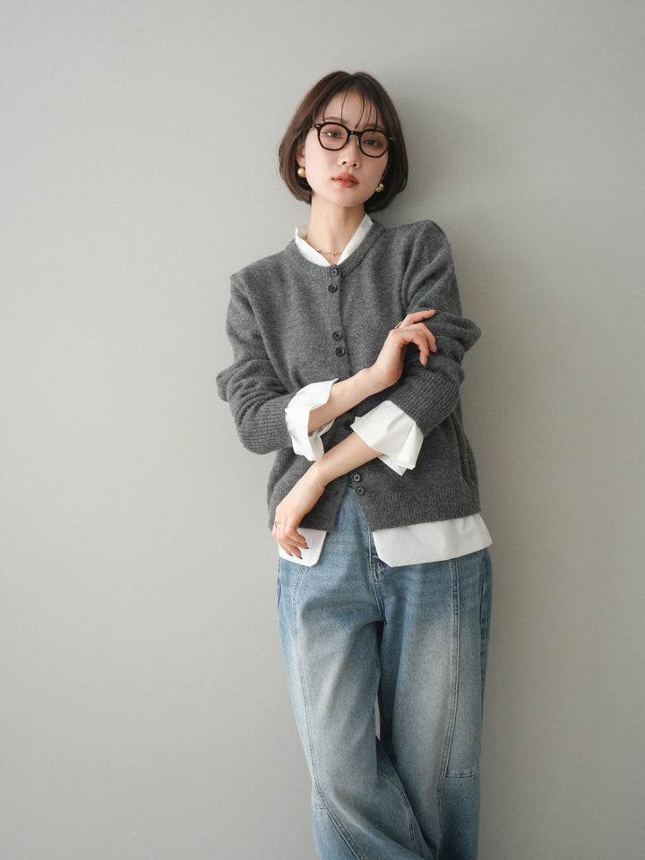 [SET]布帛ドッキングニットカーディガン+ガーメントウォッシュカーブデニムパンツ(2set)