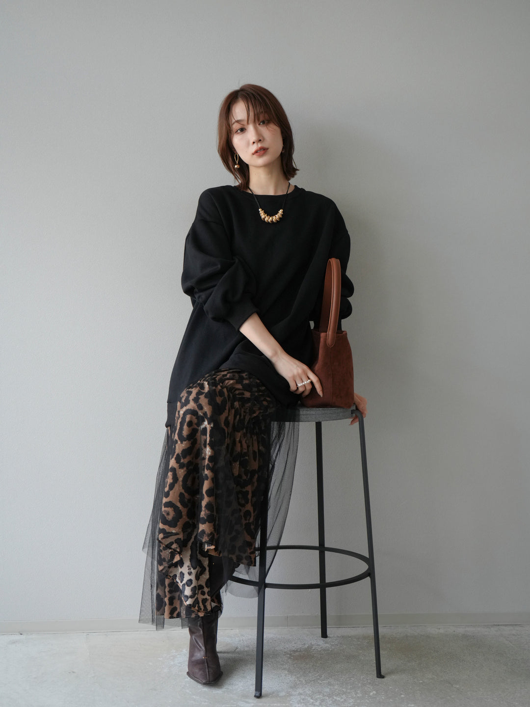 [予約]スウェットドッキングアニマル柄レイヤードワンピース/ブラック