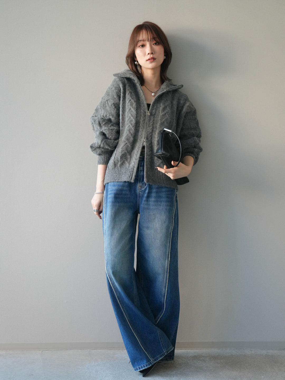 [SET]ケーブル編みハイネックZIPニットカーディガン+サイドフリンジワイドデニムパンツ(2set)