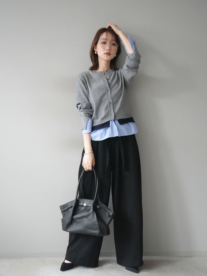 [SET]シャツ襟レイヤードニットカーディガン+ベルト付スウェットワイドパンツ(2set)