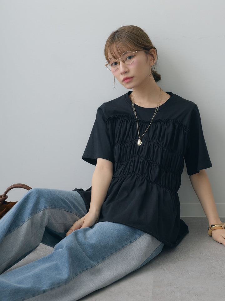 [SET]クールタッチシャーリングTEE+デニム切替スウェットパンツ(2set)