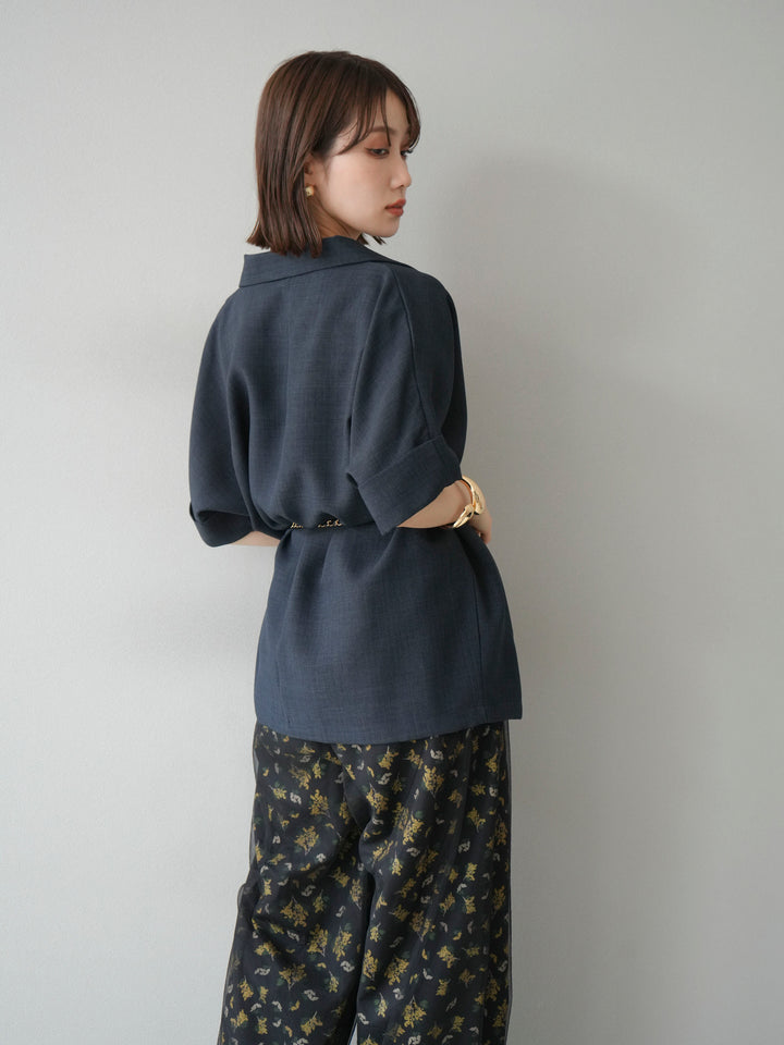 [SET]リネンライクハーフテーラードジャケット+コード刺繍チュールレイヤードパンツ(2set)