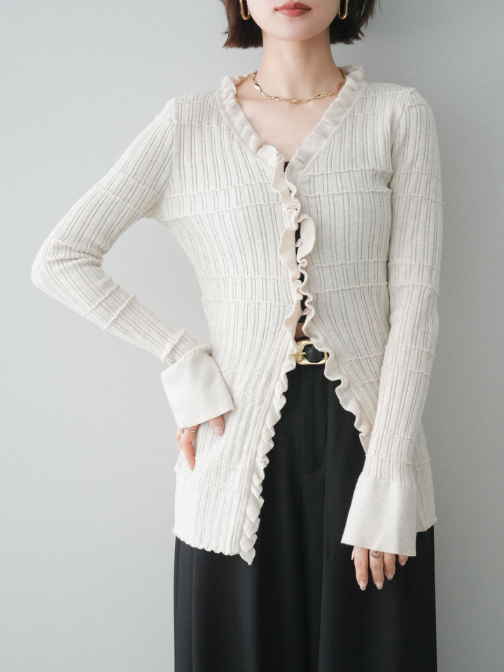 [予約]フロントフリルリブニットカーディガン/beige