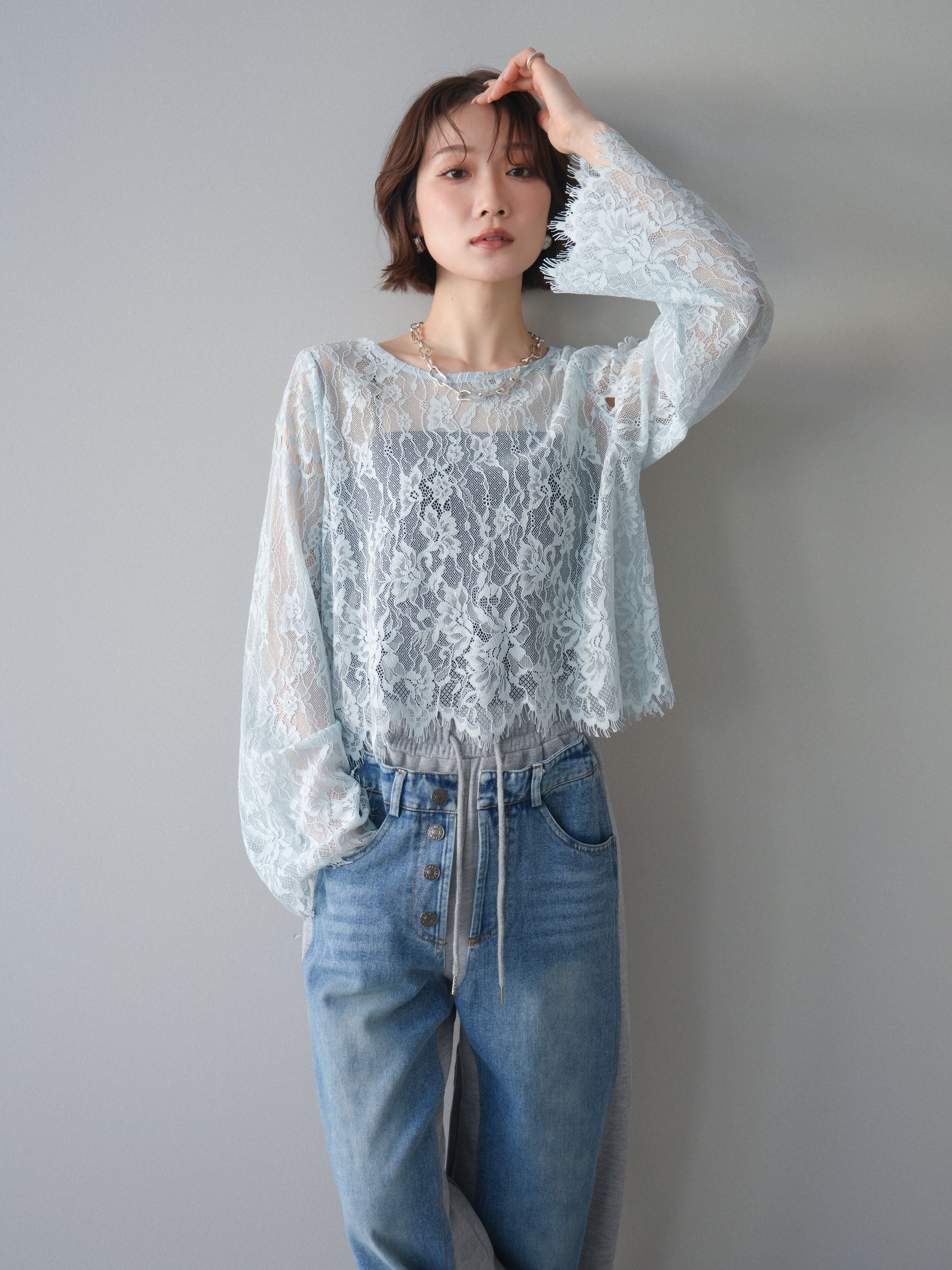  デニム　リメイク　トップス レース SET]2WAYスリーブレーストップス+2WAYスリーブレーストップス(2set