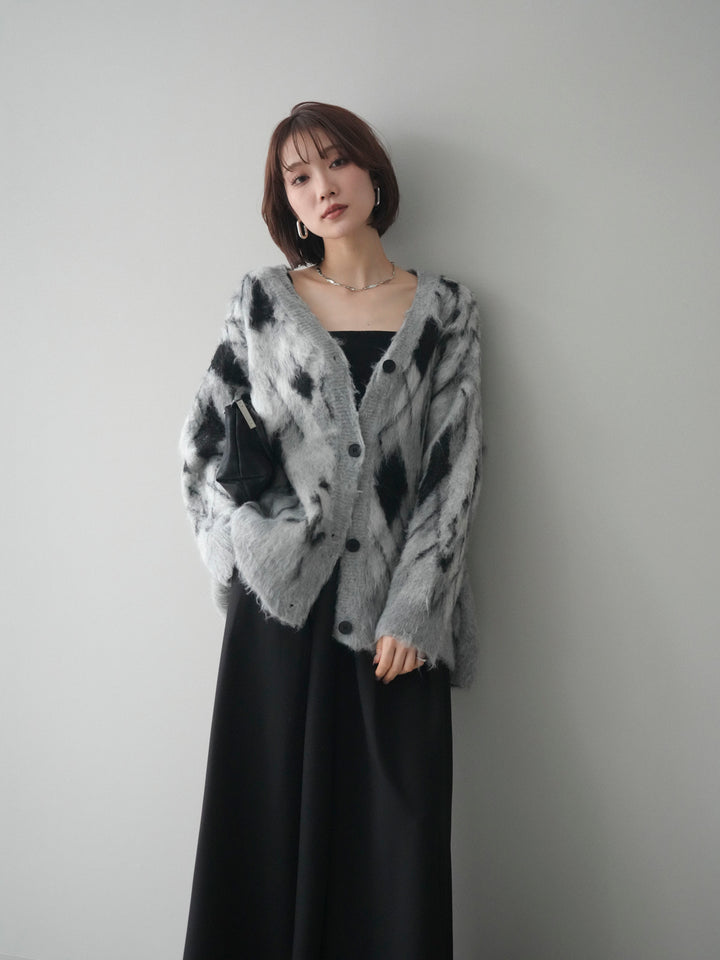 [予約]アーガイル柄シャギーニットカーディガン/gray