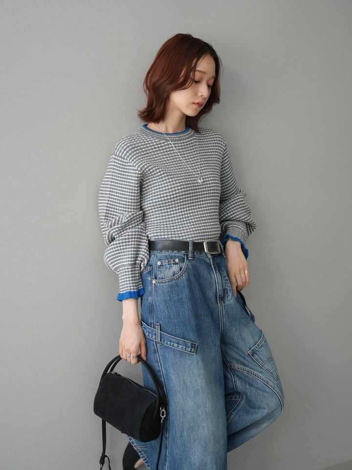 [SET]ラメ異素材ボーダーリブニットプルオーバー+ペインターカーブデニムパンツ(2set)