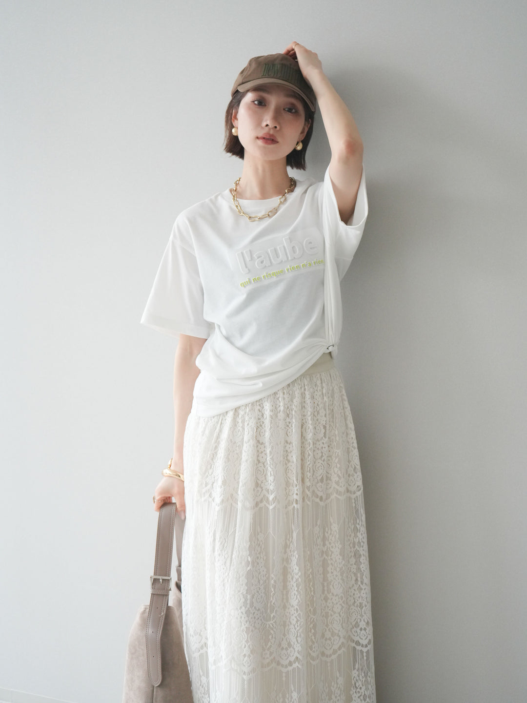 [SET]エンボスロゴTEE+裏プリーツ総レースロングスカート(2set)