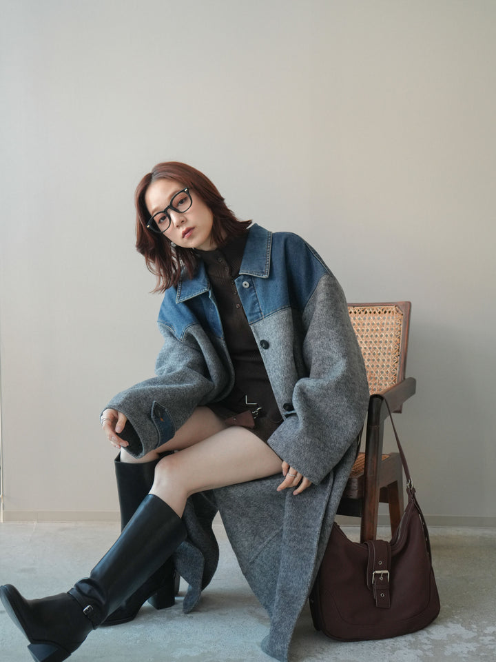 [SET]デニム切替シャギーステンカラーコート+ウールタッチベルト付ミニスカート(2set)