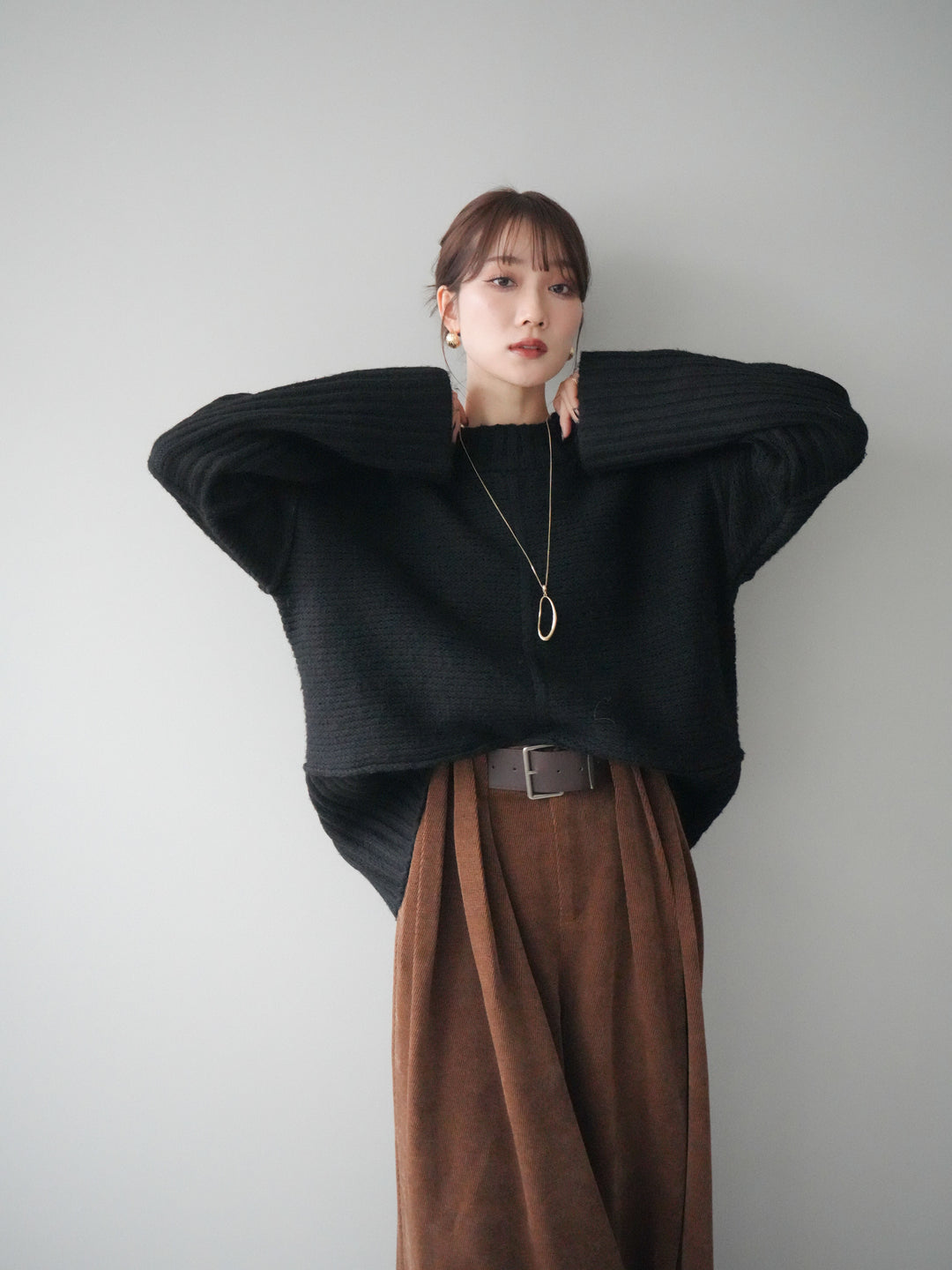 [予約]編み地切替ボトルネックニットプルオーバー/black