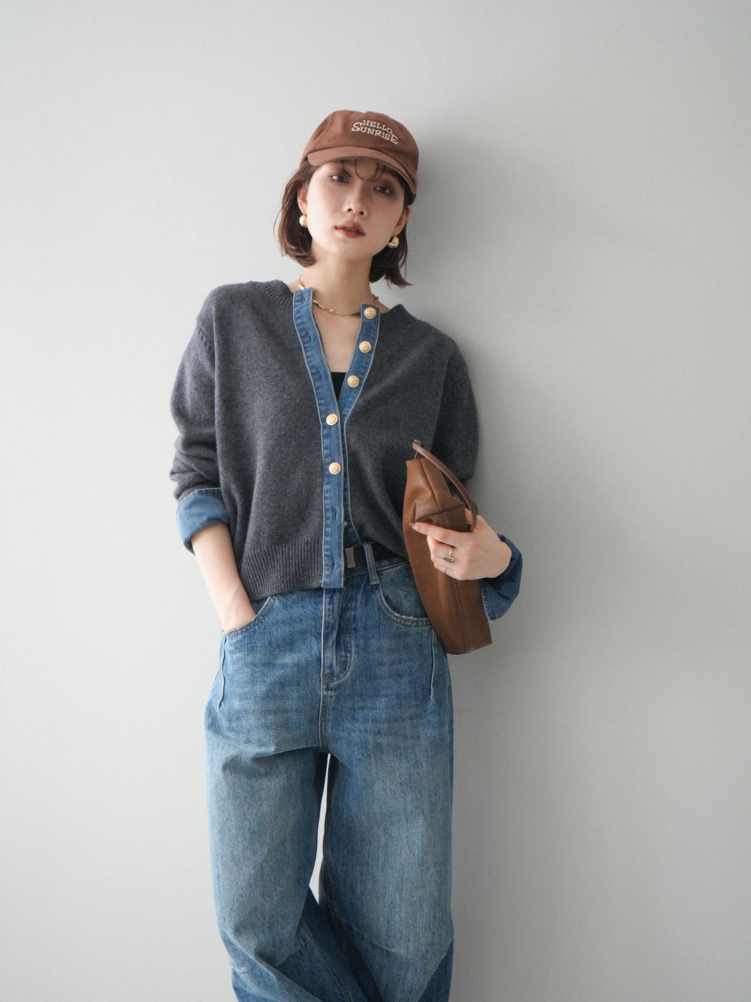 [SET]クルーネックデニムドッキングニットカーディガン+選べるアクセセット(2set)