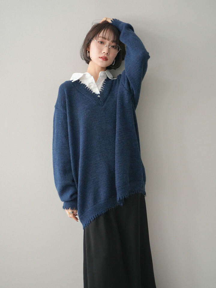 [予約]シャツドッキングVネックフリンジニットプルオーバー/navy