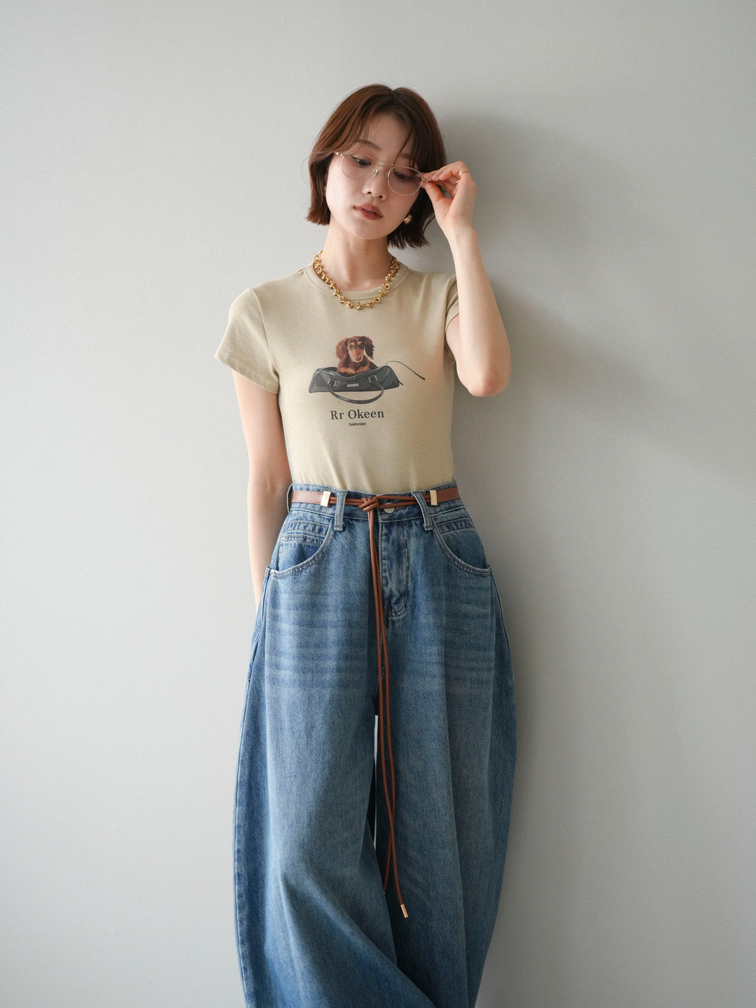 [SET]ドッグコンパクトTEE+ベルト付ボリュームデザインデニム(2set)