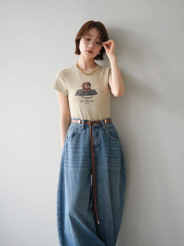 [SET]ドッグコンパクトTEE+ベルト付ボリュームデザインデニム(2set)