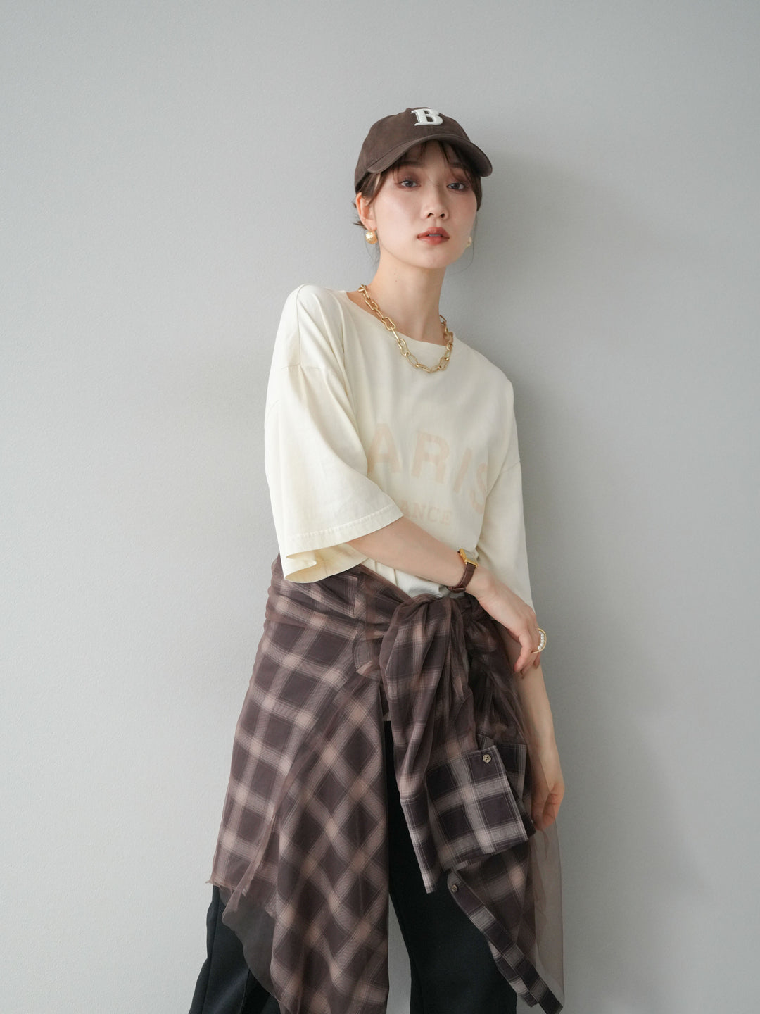 [SET]ピグメントロゴプリントTシャツ+2WAYデザインスウェットパンツ+チュールドッキングチェック柄オーバーサイズシャツ(3set)