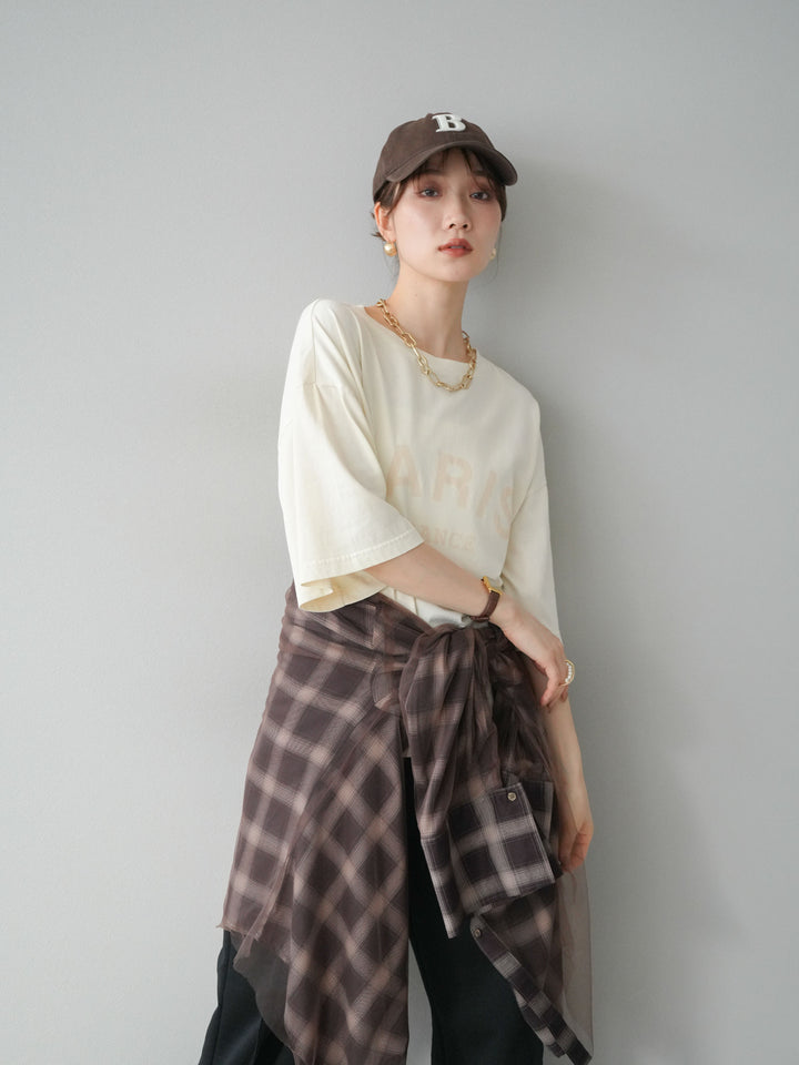 [SET]ピグメントロゴプリントTシャツ+2WAYデザインスウェットパンツ+チュールドッキングチェック柄オーバーサイズシャツ(3set)