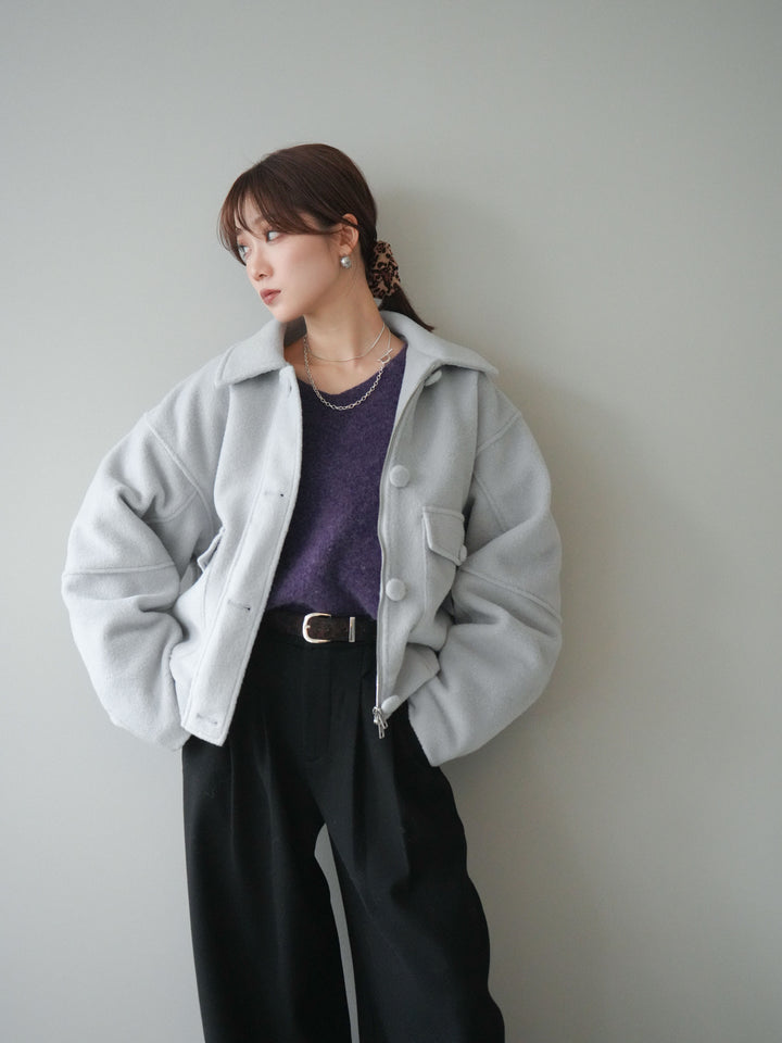 [SET]ウールライクフライトジャケット+シュシュ付きアンゴラタッチVネックニットプルオーバー+アニマル柄ベルト付きウールタッチワイドパンツ(3set)