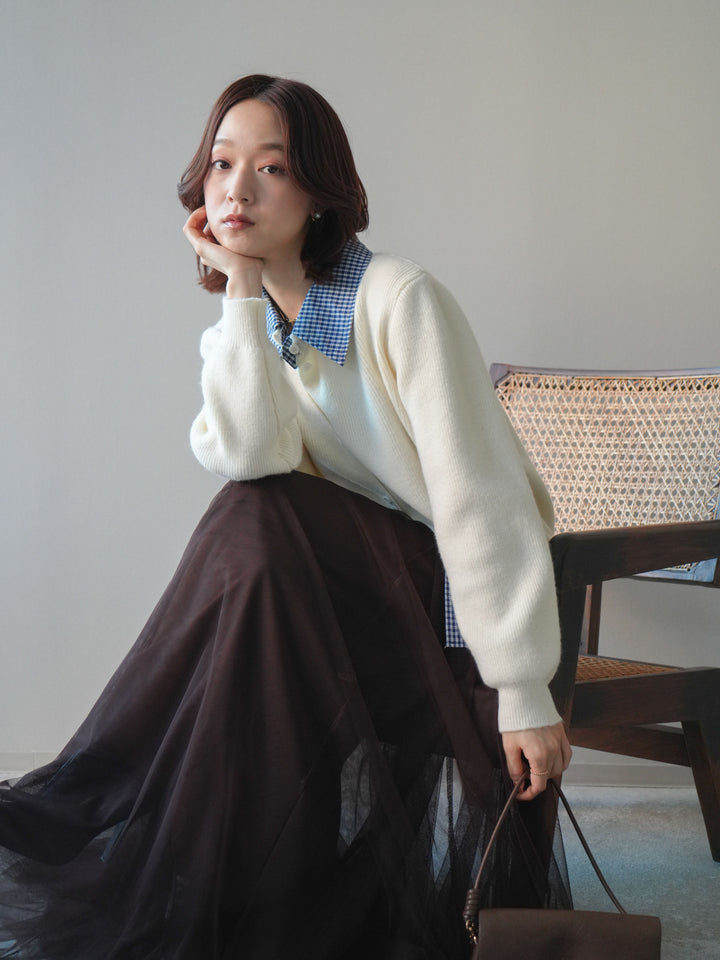 [SET]チェックシャツ襟ニットカーディガン+チュールボリュームスカート(2set)