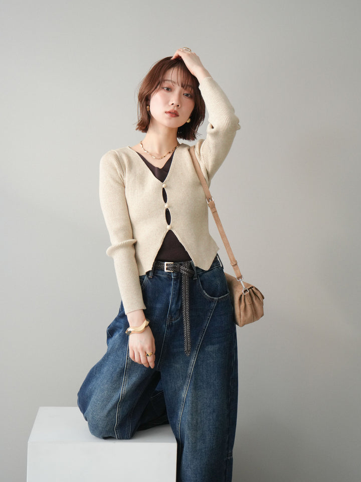 [SET]Vネック配色レイヤードスリットニットトップス+選べるアクセセット(2set)