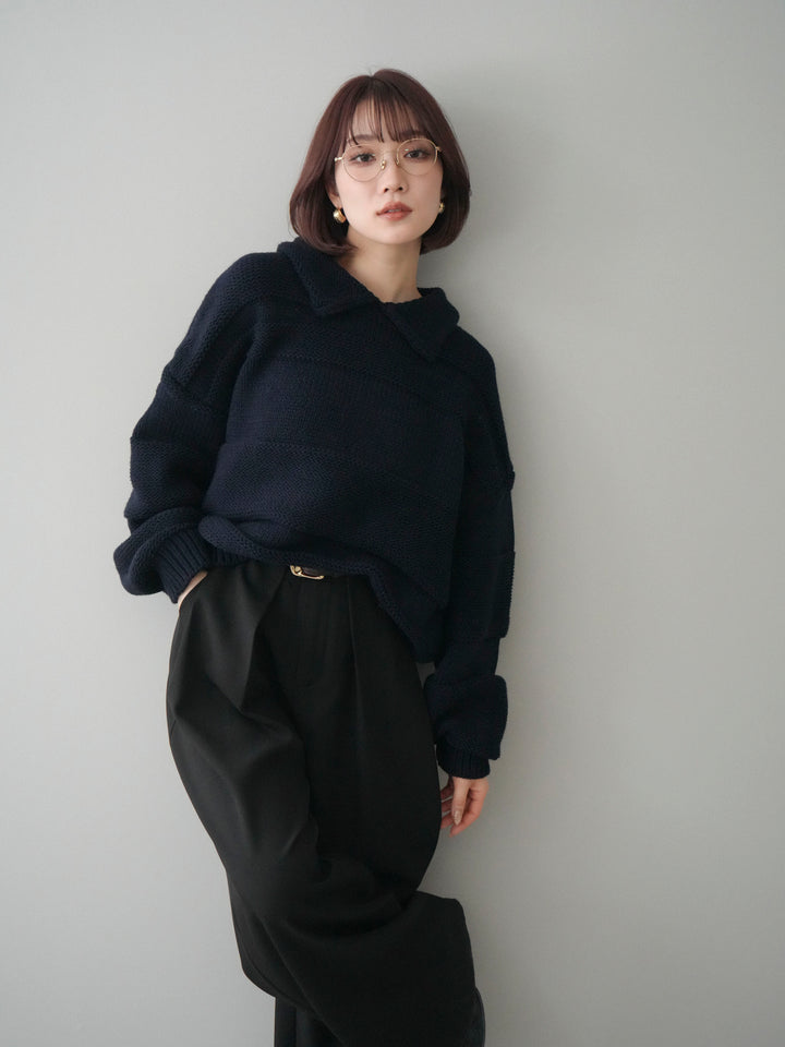 [予約]襟付きボーダー編みニットプルオーバー/navy