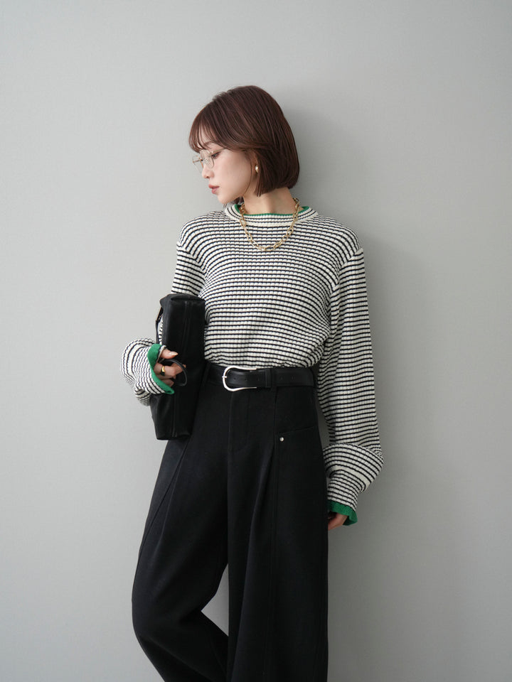 [予約]ラメ異素材ボーダーリブニットプルオーバー/off×green