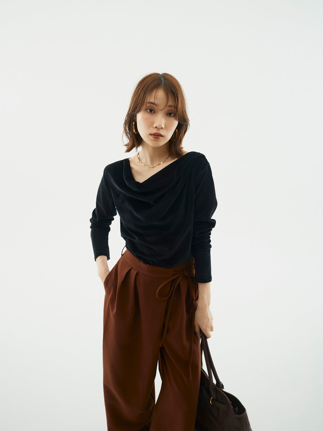 【Allure】[SET]シアーベロアタックデザイントップス+ラップデザインタックワイドパンツ(2set)