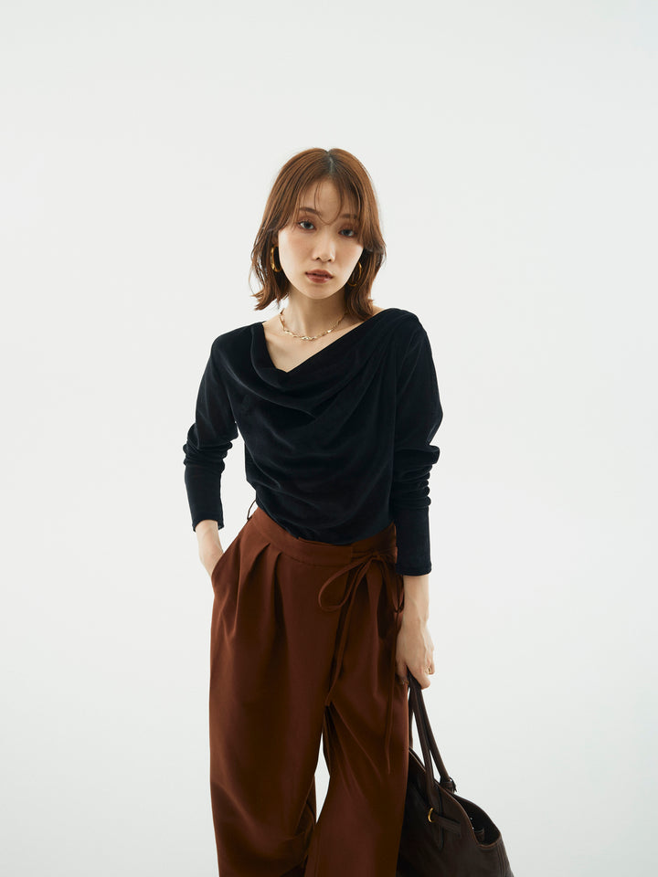 【Allure】[SET]シアーベロアタックデザイントップス+ラップデザインタックワイドパンツ(2set)