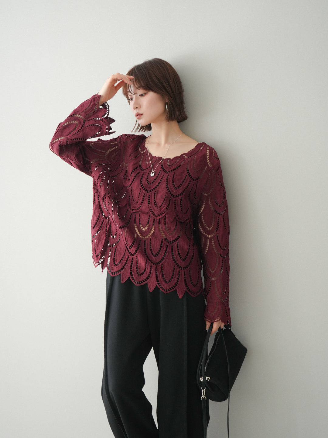 [予約]透かしコードレースブラウス/bordeaux