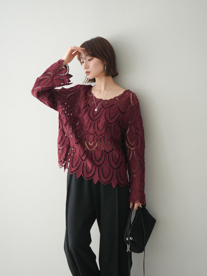 [予約]透かしコードレースブラウス/bordeaux