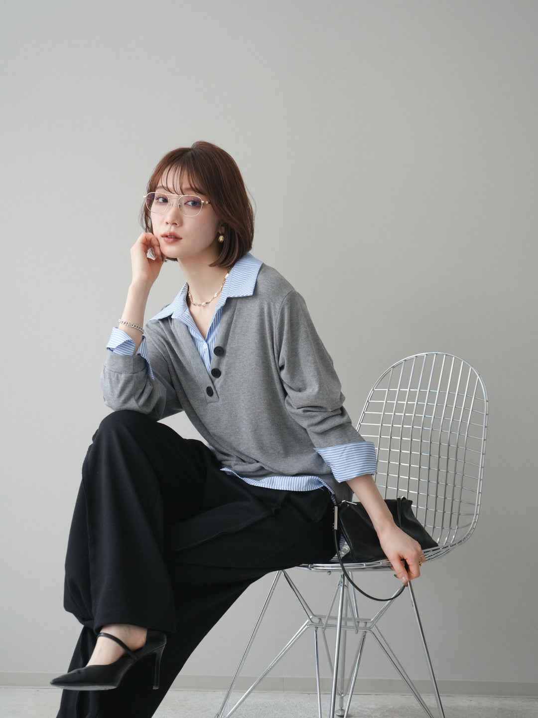 [予約]シャツレイヤードデザインカットプルオーバー/lightgray