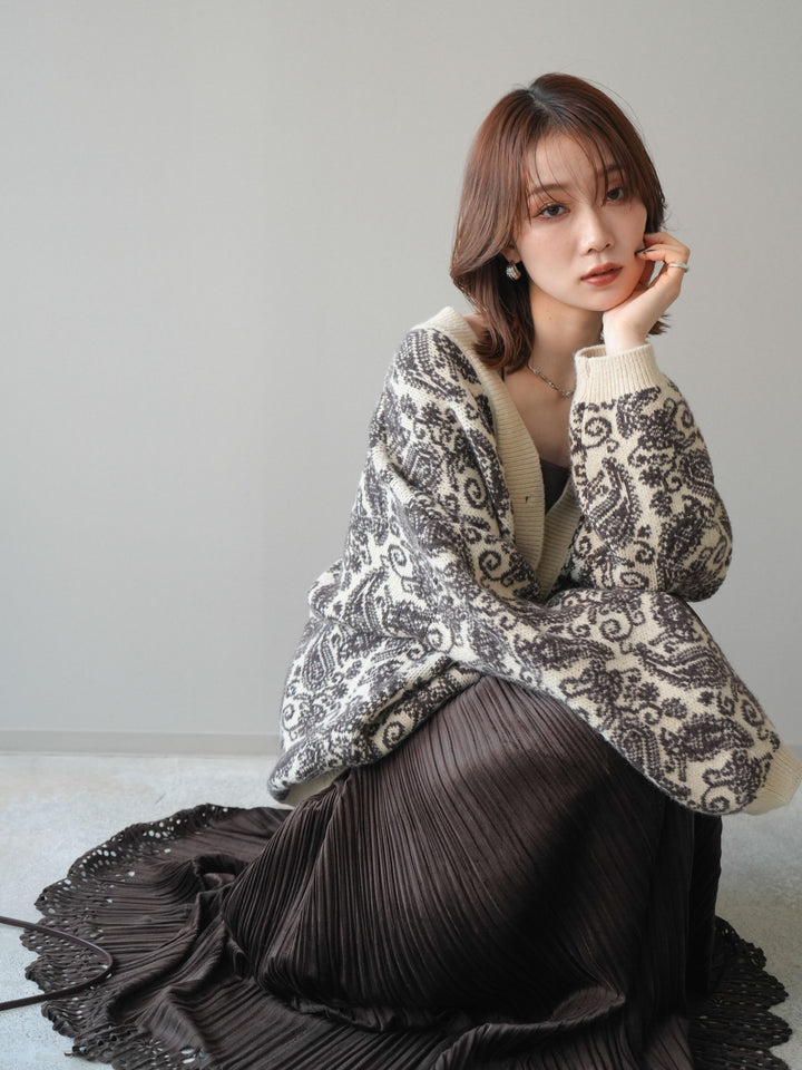 [予約]ペイズリー柄ニットカーディガン/brown