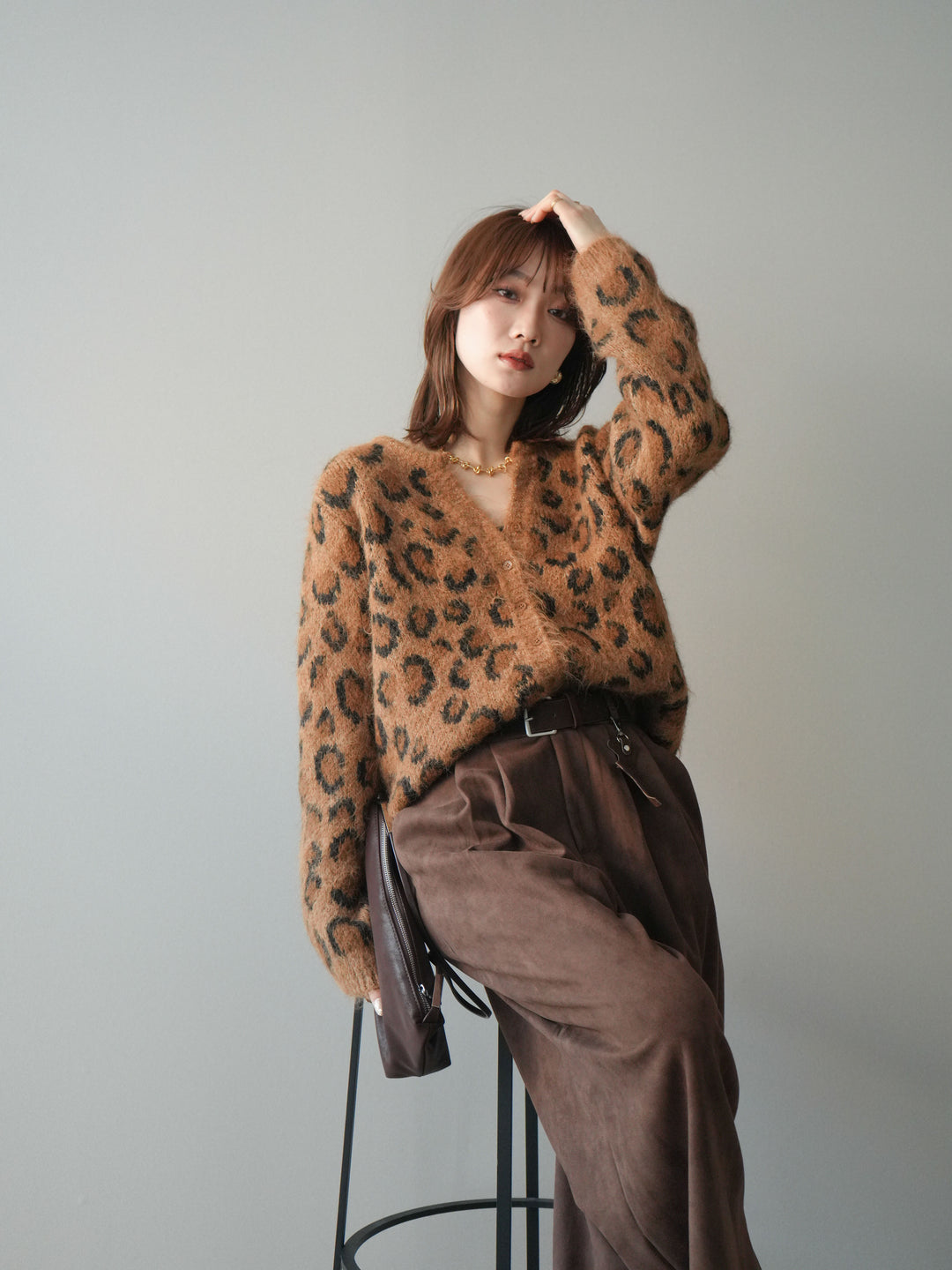 [SET]モヘアタッチレオパード柄ニットカーディガン+モヘアタッチレオパード柄ニットカーディガン(2set)