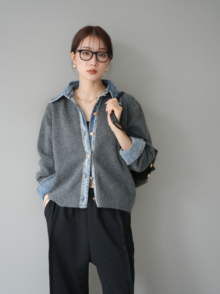 【着回しセット】[SET]デニム襟ボタンニットカーディガン+デニム襟ボタンニットカーディガン+2WAYデザインスウェットパンツ(3set)