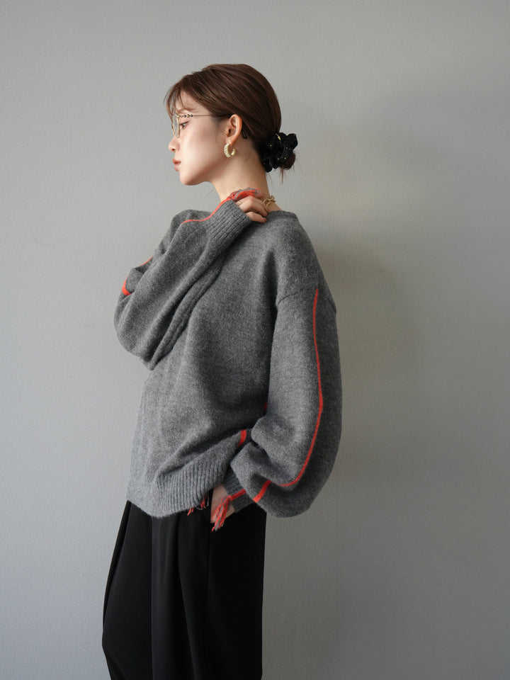 [予約]配色ステッチフリンジニットプルオーバー /チャコール