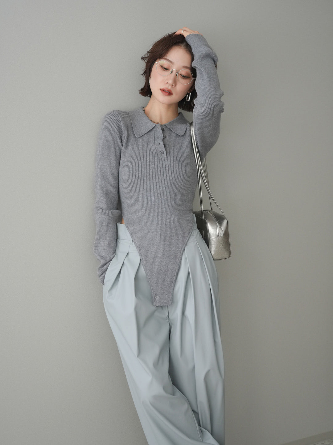 [予約]リブポロニットボディスーツ/mokugray