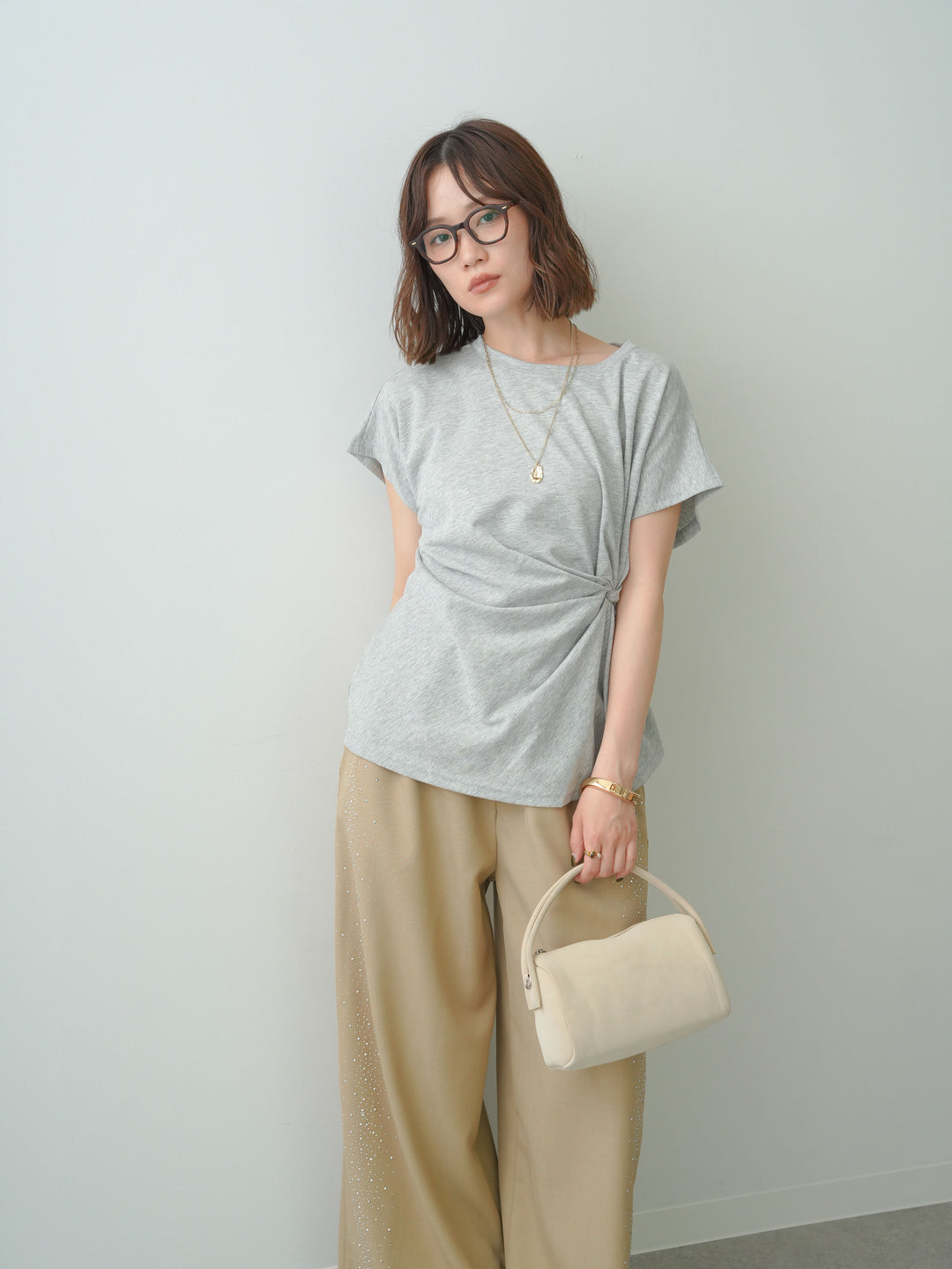 [SET]サイドノットTEE+ポーチベルト付サイドビジュータックワイドパンツ(2set)